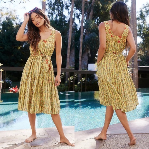 Roller Rabbit Dress Womens Extra Small Yellow Cottagecore Peasant Prairie Silk - Picture 1 of 13